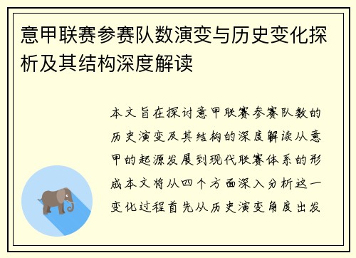 意甲联赛参赛队数演变与历史变化探析及其结构深度解读