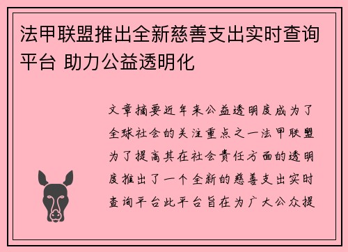 法甲联盟推出全新慈善支出实时查询平台 助力公益透明化